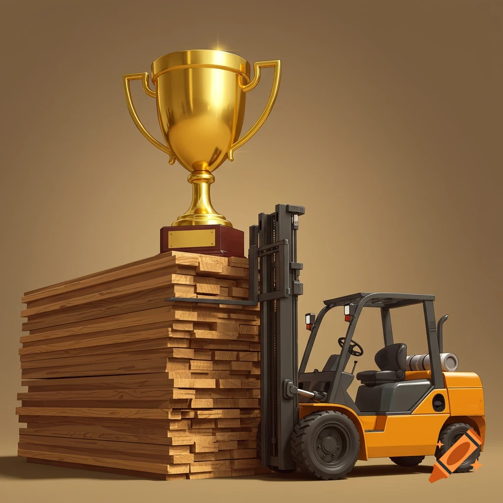 A forklift lifts a stack of lumber with a gold trophy on top.