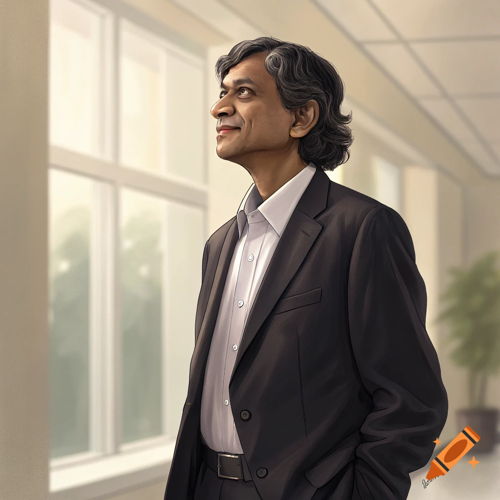 An illustrated portrait of a man in a suit looking up and smiling, standing in a bright room with large windows.