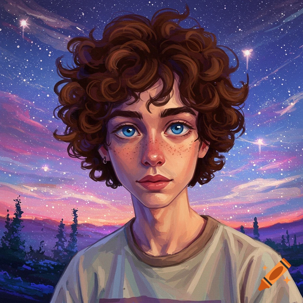 Portrait of a person with curly brown hair and blue eyes, against a starry sunset sky background.