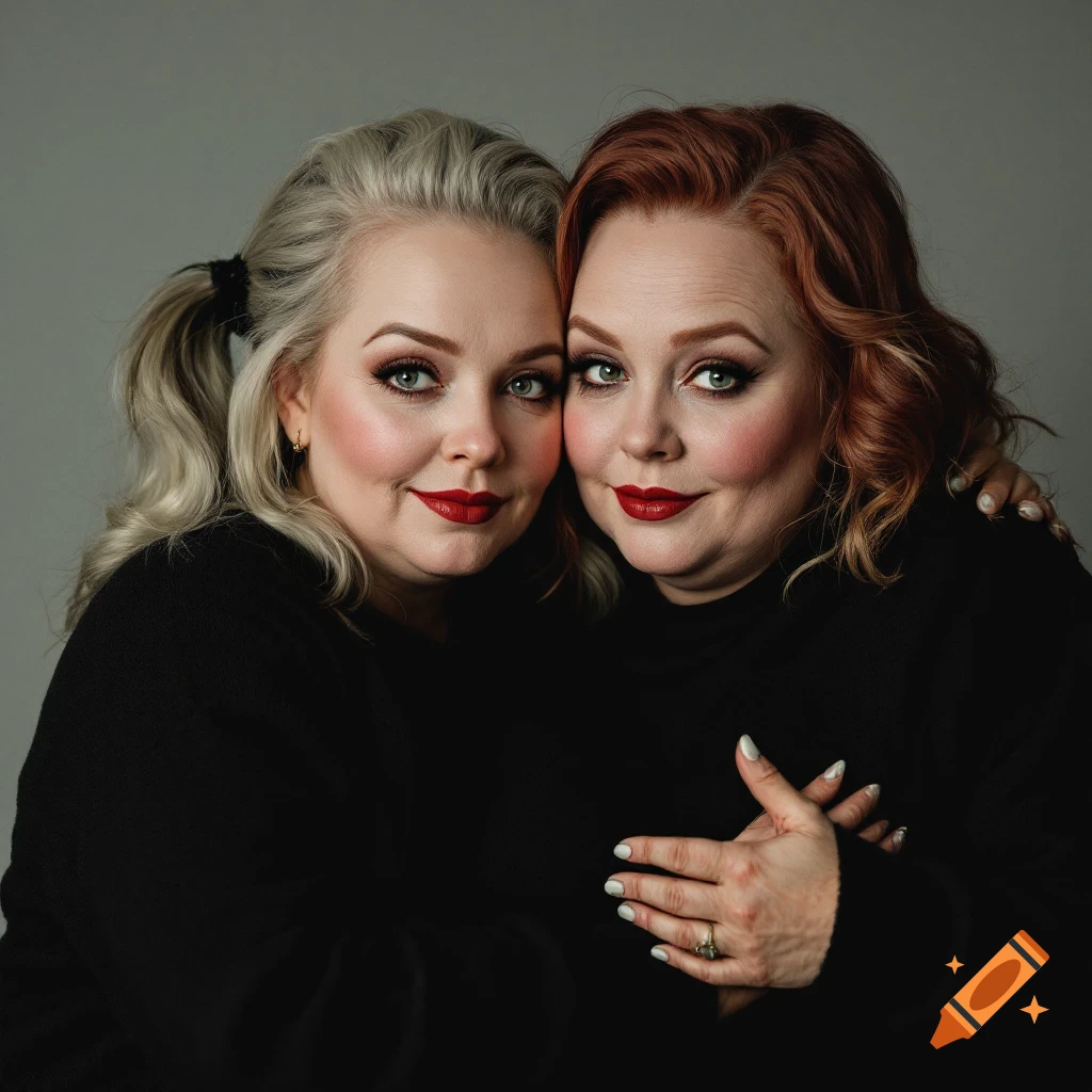 Two women in black sweaters pose cheek to cheek, one blonde with pigtails, the other with red hair, against a gray background.