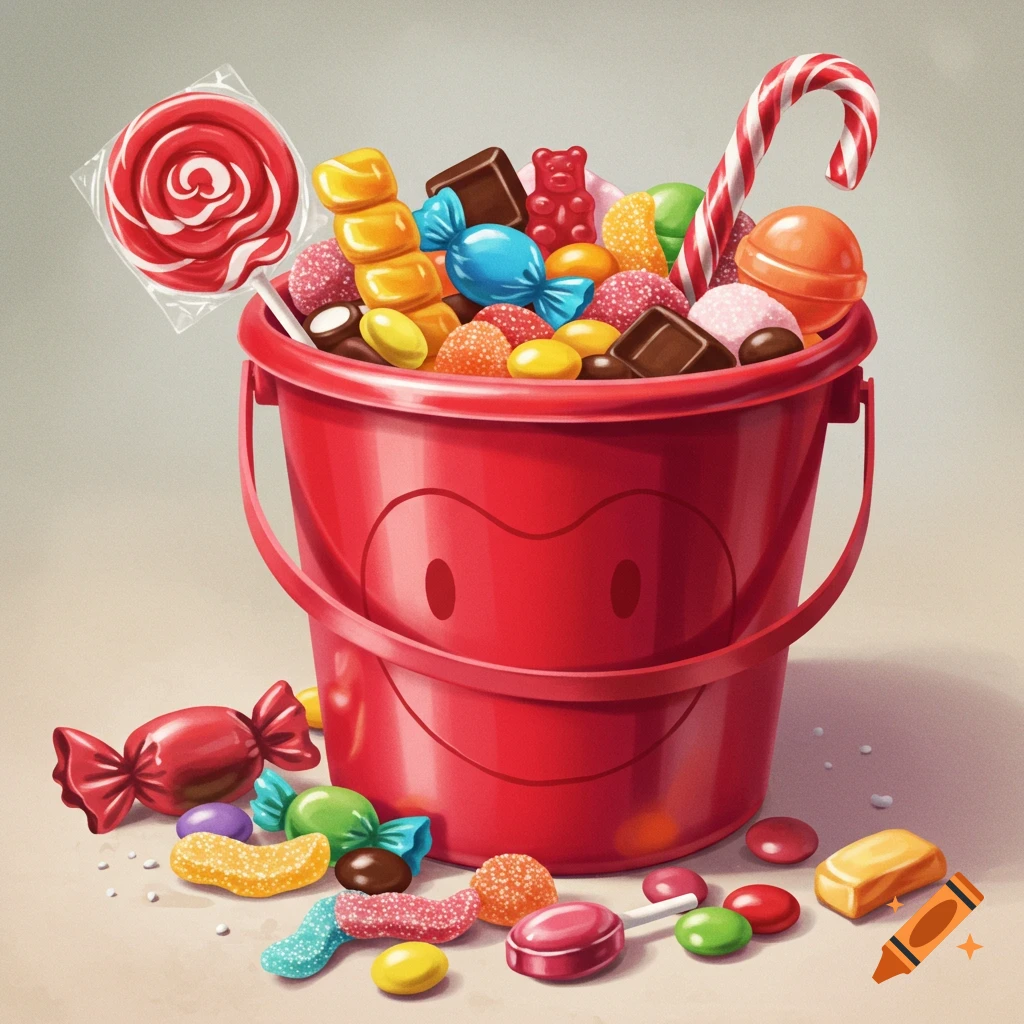A red bucket overflowing with colorful candies, lollipops, and chocolates.