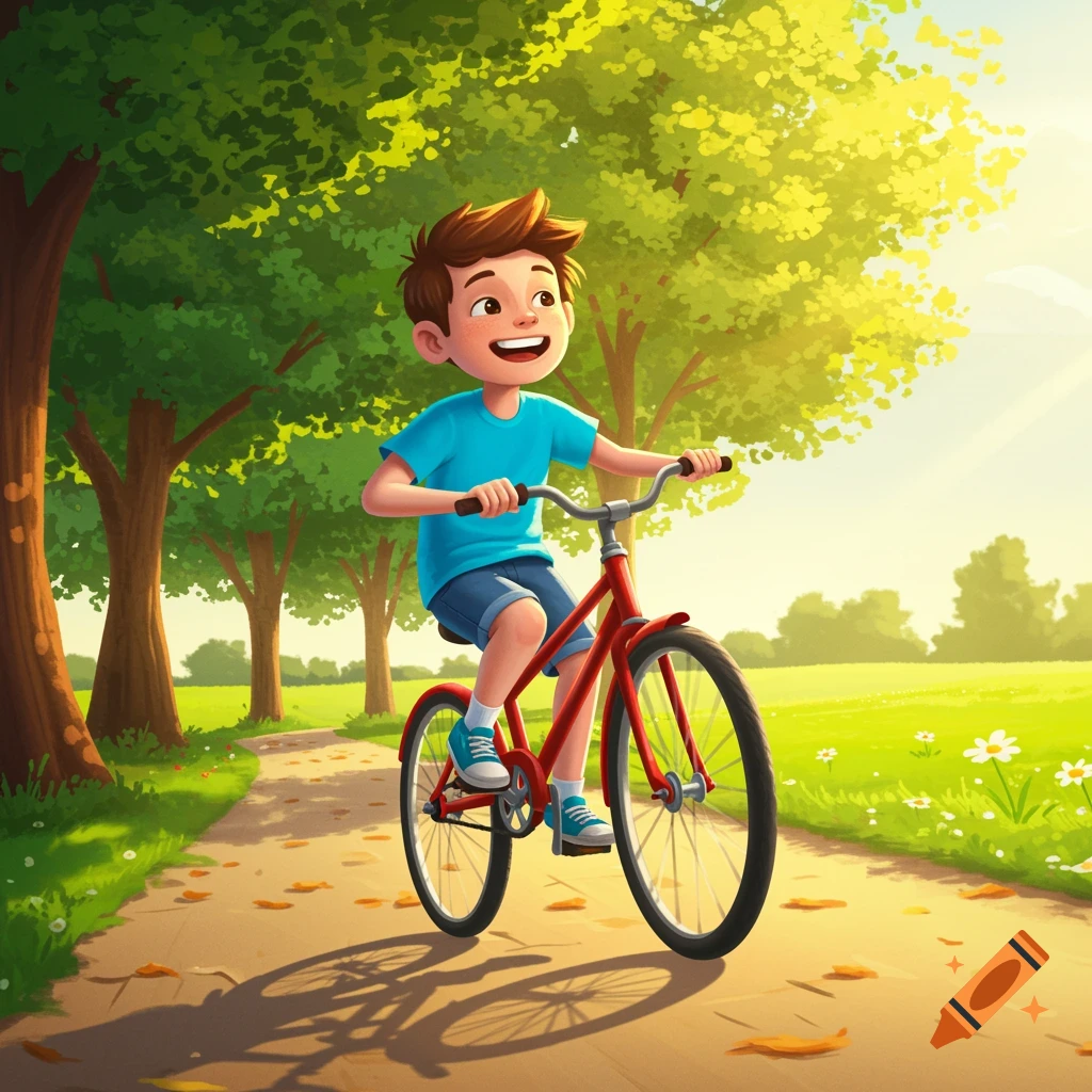 A cartoon illustration of a boy riding a red bicycle on a sunny path.