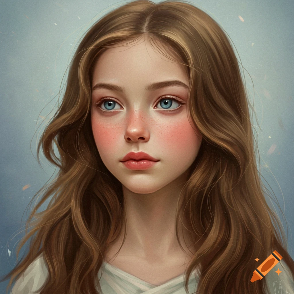 A portrait of a young girl with long brown hair, blue eyes, and freckles.