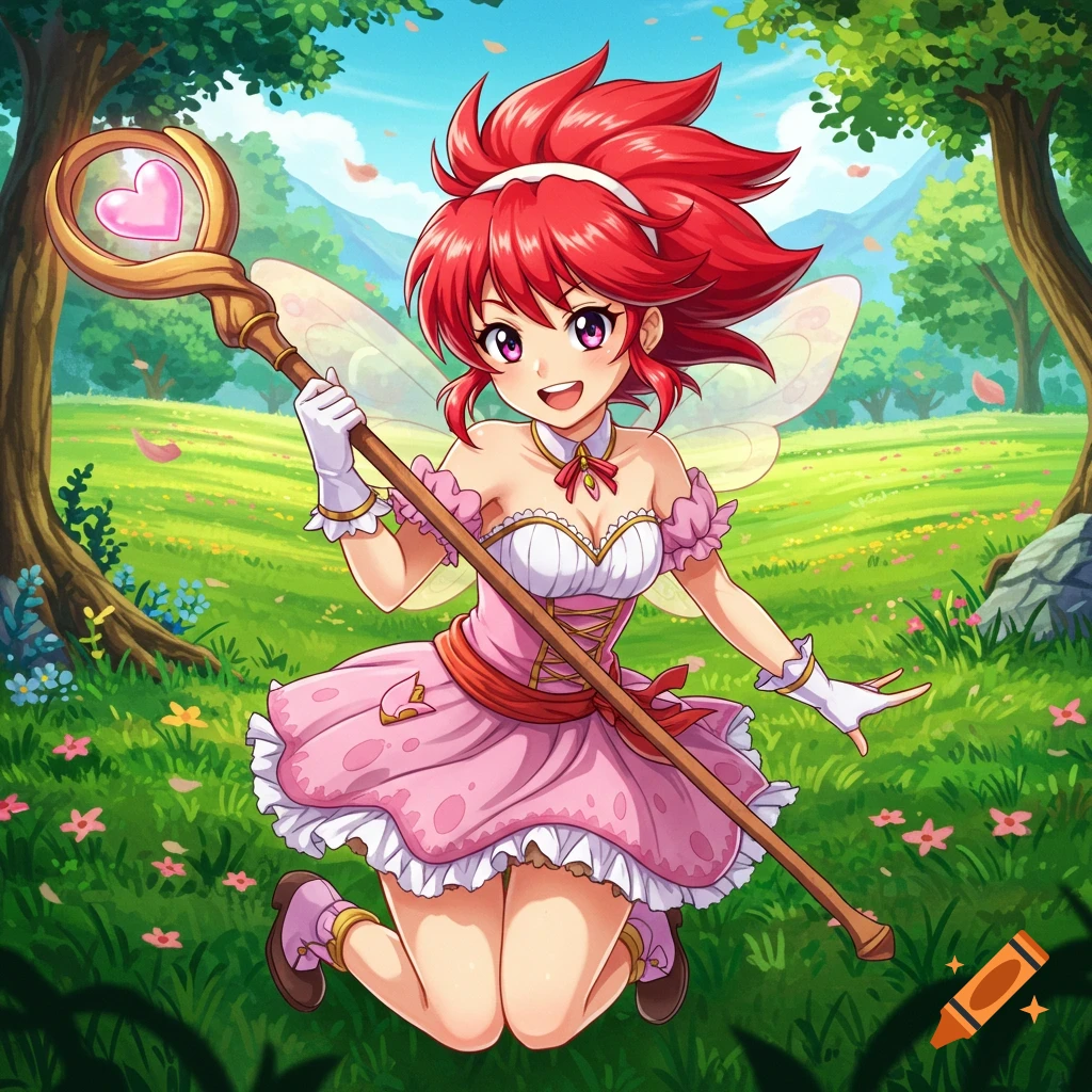 Anime girl with red hair, pink dress, fairy wings, holding a staff in a forest clearing.