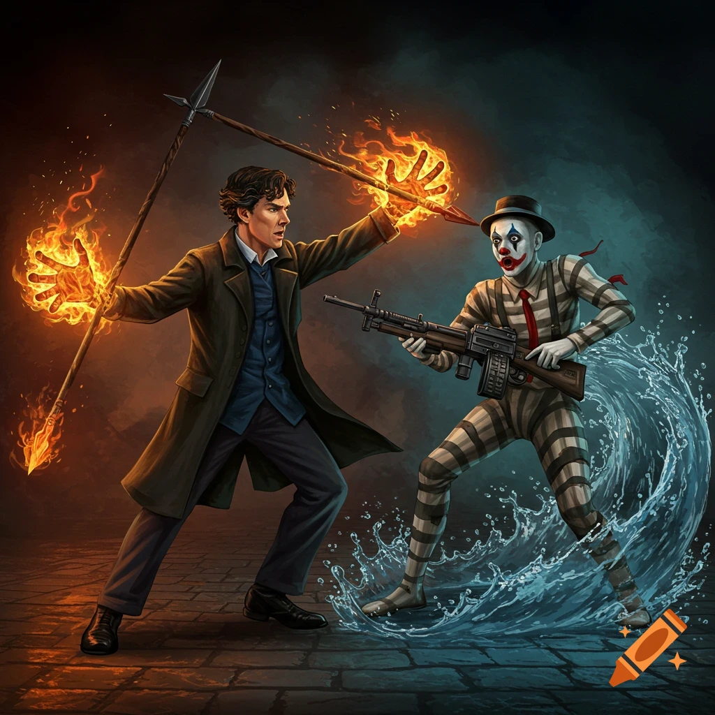 Sherlock Holmes fighting a mime with a machine gun and water powers using fire magic and spears.