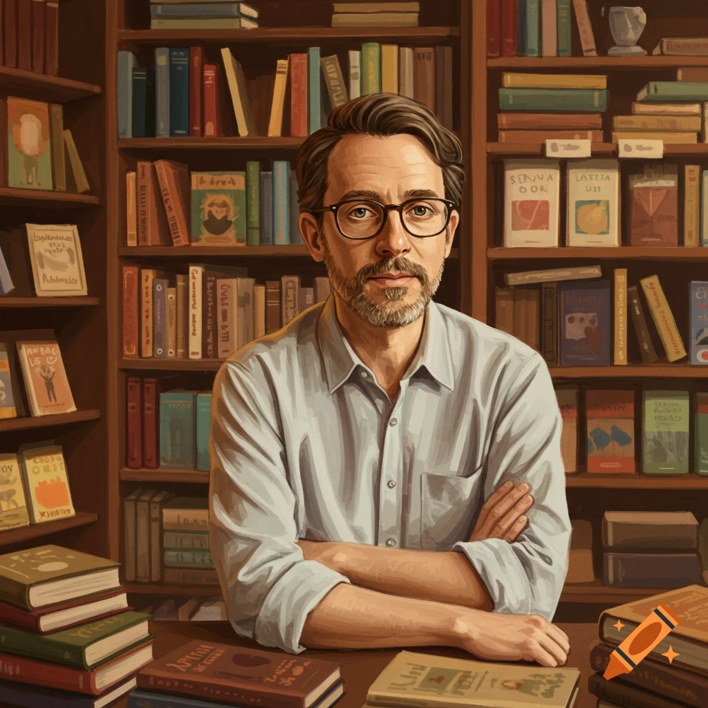 A man with glasses sitting at a desk in a bookstore, surrounded by bookshelves and books.