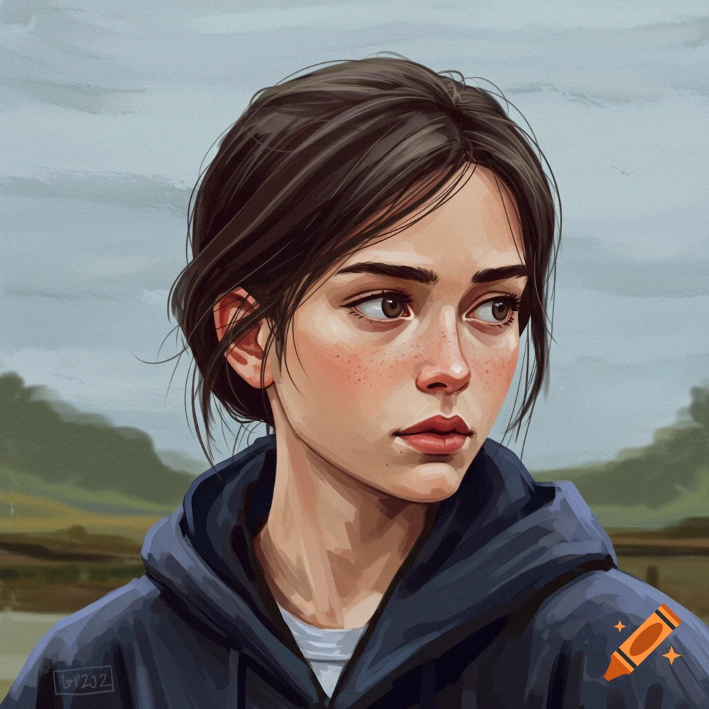 A portrait of a young woman in a blue hoodie looking away against a cloudy landscape.