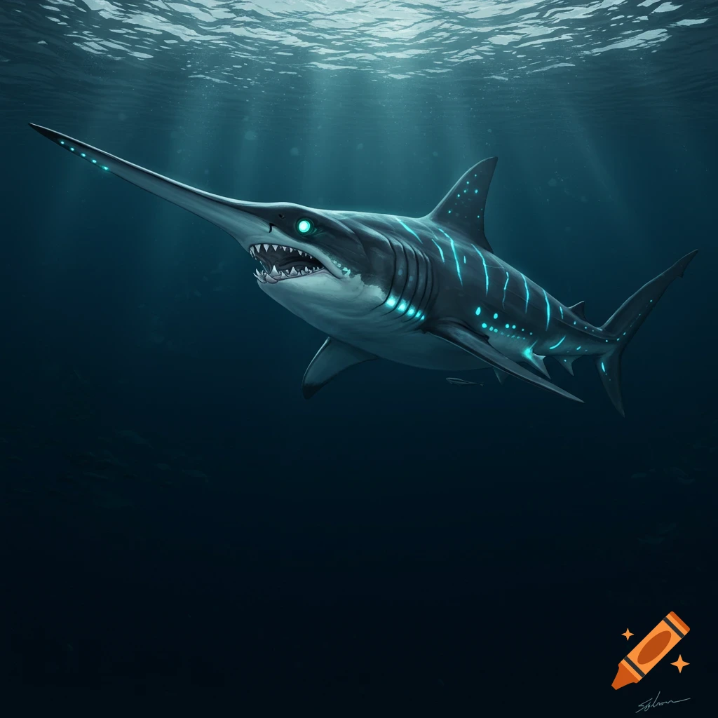 A bioluminescent swordfish-like creature swims in deep blue water with rays of light from the surface.