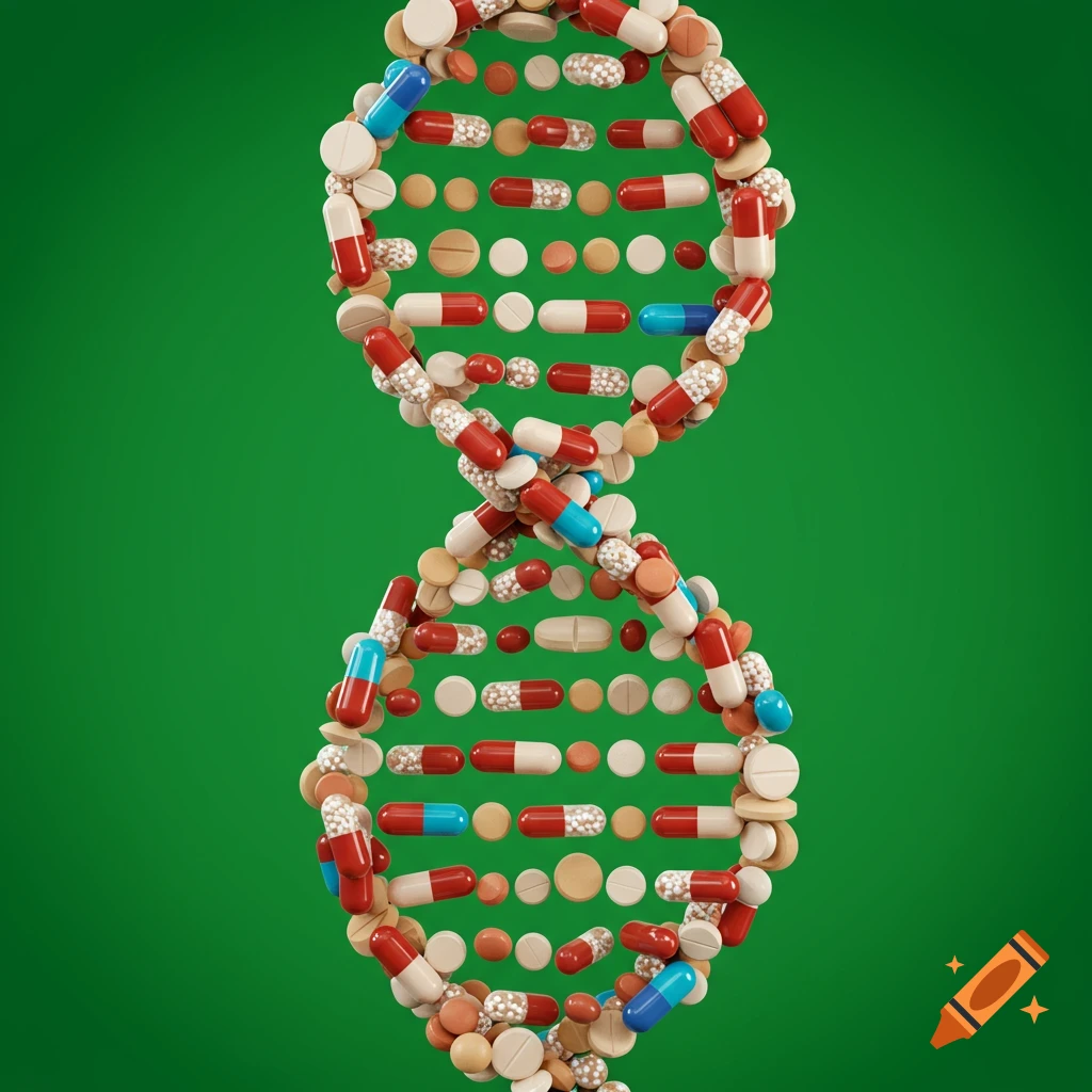 A double helix structure made of colorful pills and capsules on a green background