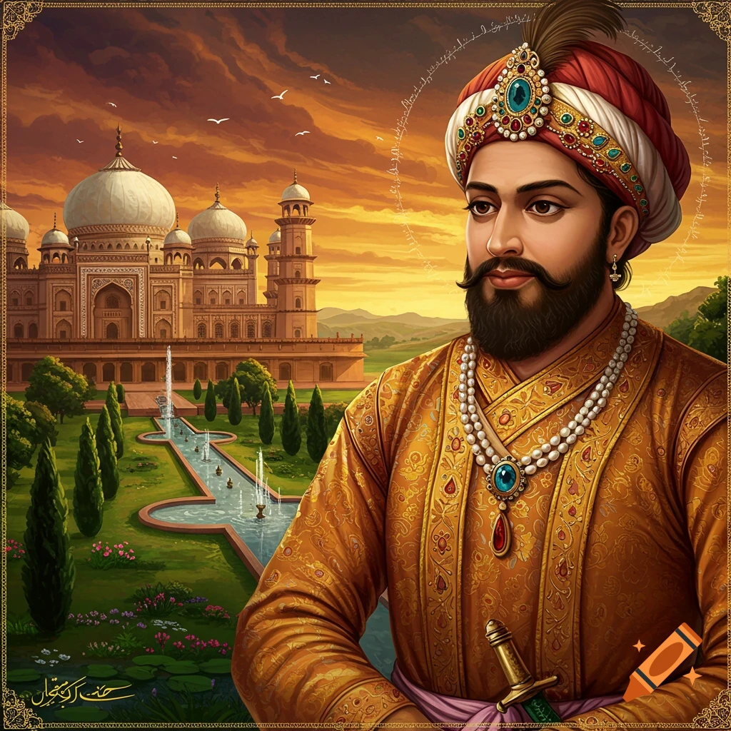 A man in historical South Asian attire stands in a garden with a large dome building in the background.