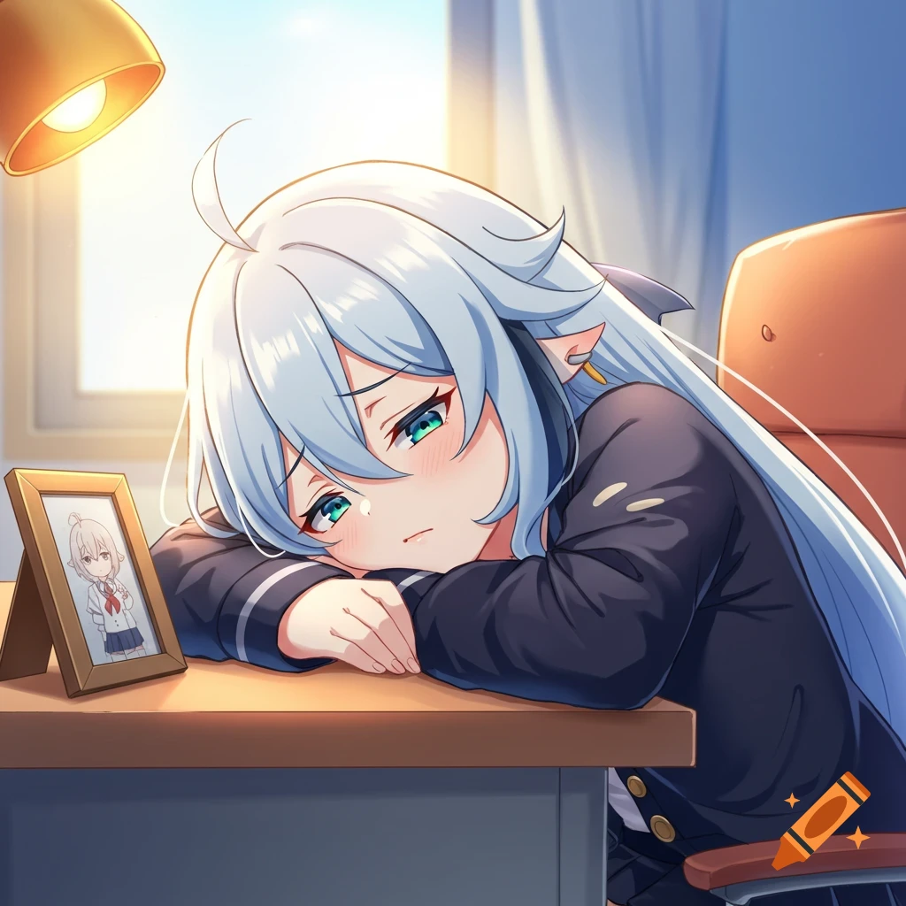 An anime girl with white hair sleeping on a desk next to a framed photo in an anime style.