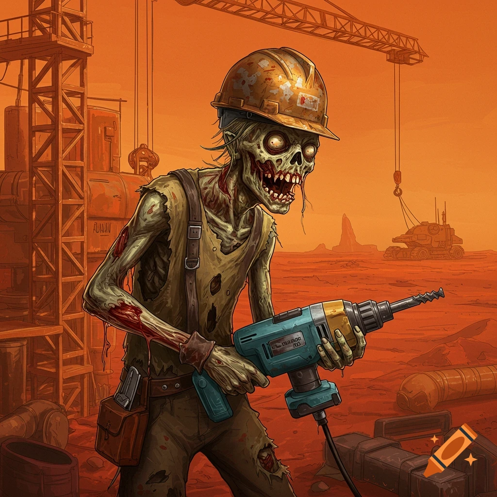 A zombie construction worker on Mars holding a power drill.