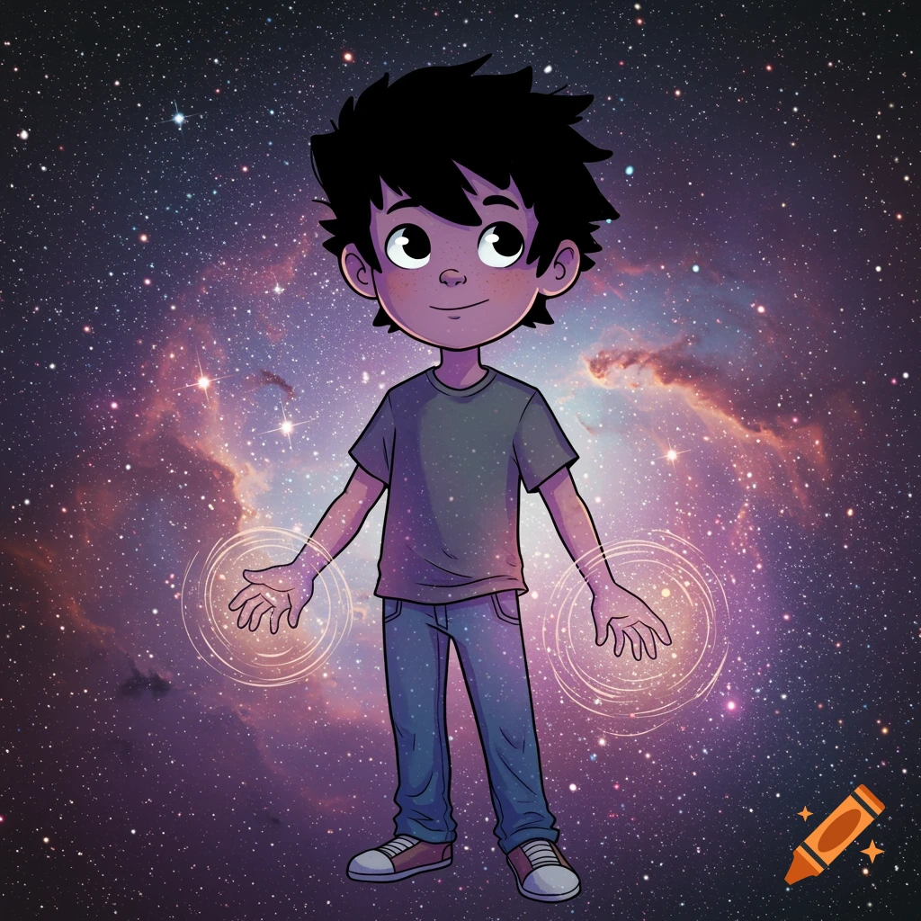 A cartoon boy with glowing hands stands against a vibrant space background.