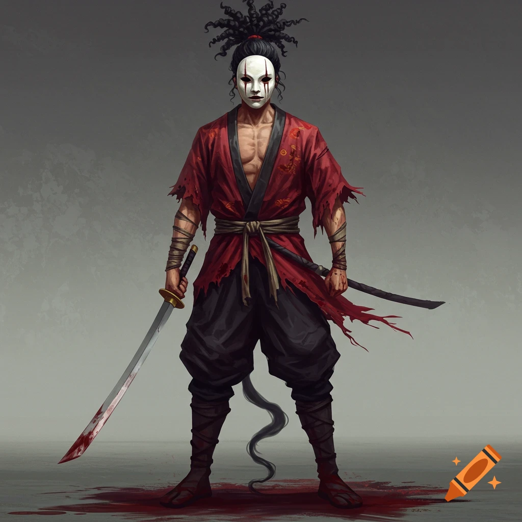 A masked warrior with a bloodied katana wearing a red kimono and black pants.