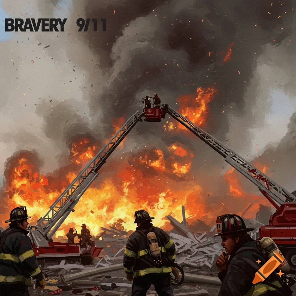 Firefighters battling a large fire under the text 'BRAVERY 9/11'.