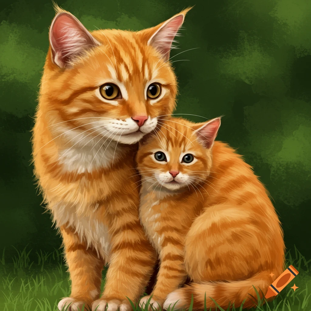 an orange cat and kitten sitting in grass