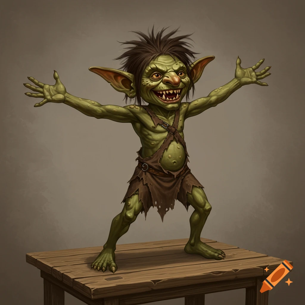 Green goblin standing on a wooden table with arms outstretched.