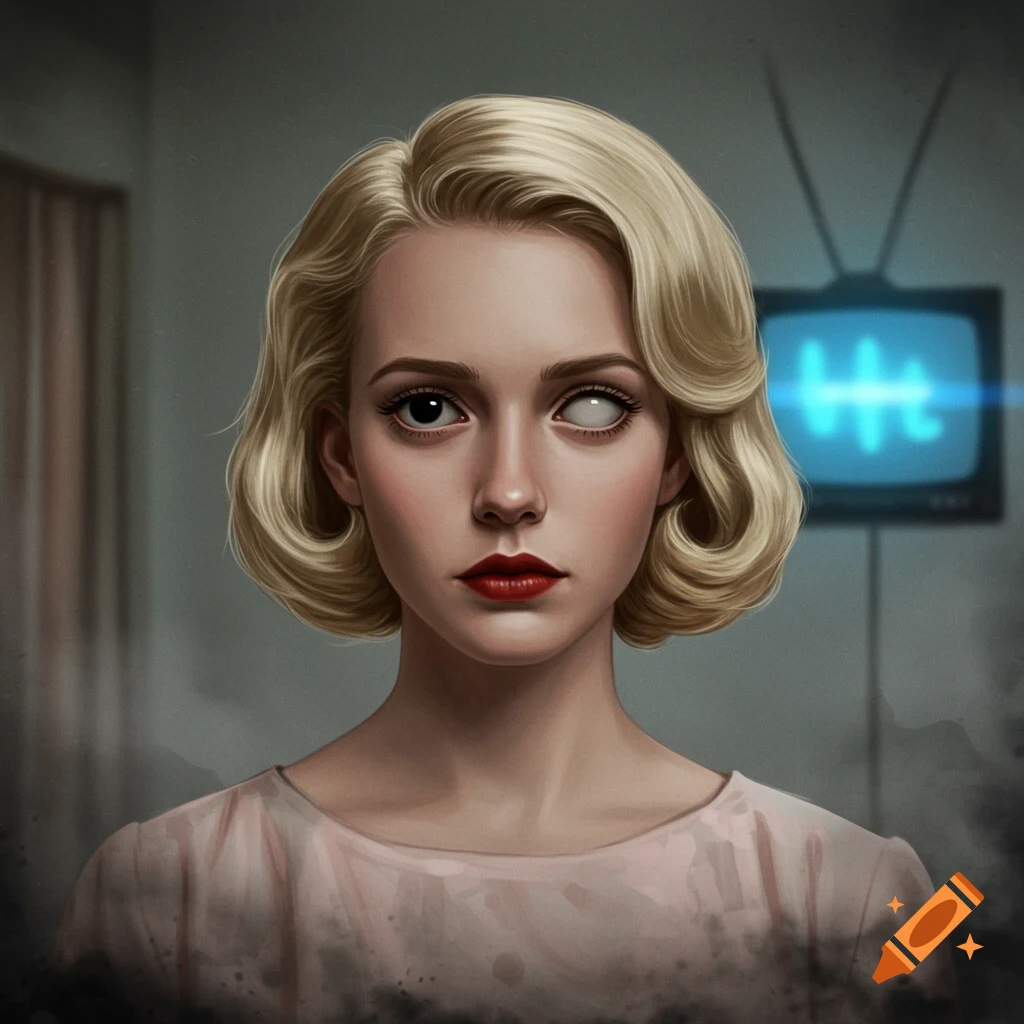 Portrait of a blonde woman with one dark eye and one white eye, in a room with a TV.