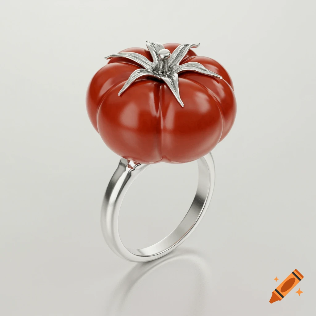 A silver ring with a detailed red tomato as the main stone.