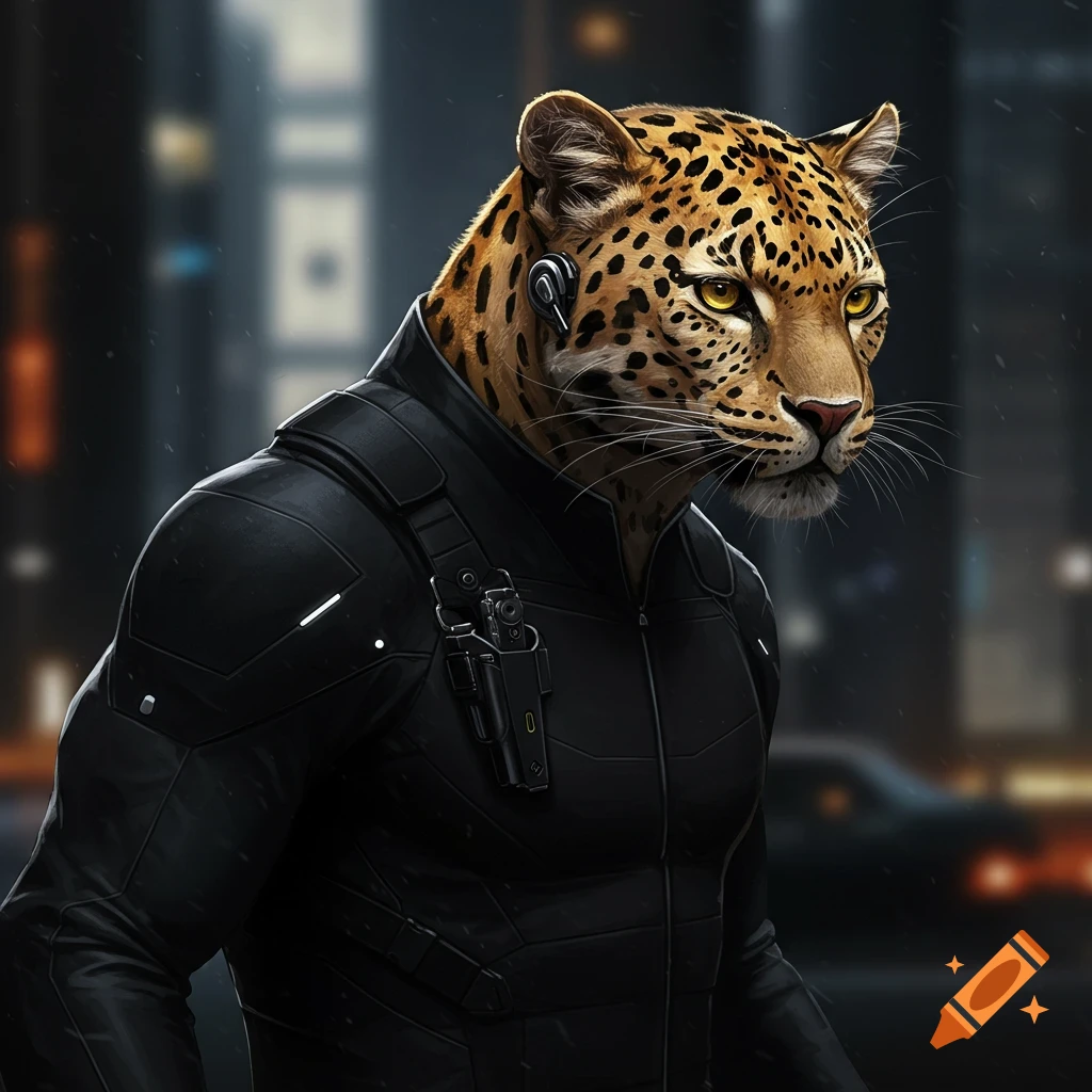 A leopard wearing a black suit in a city.