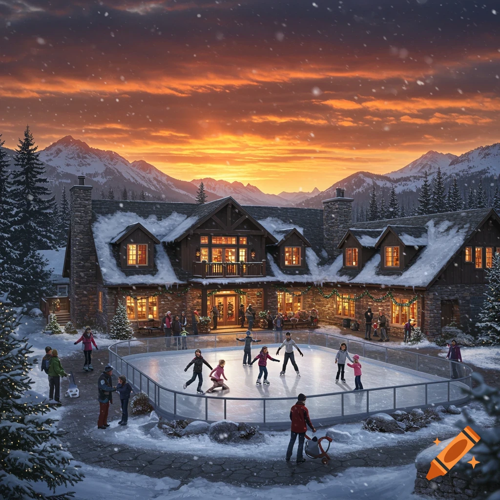 Winter scene with people ice skating in front of a lodge at sunset with snow falling.