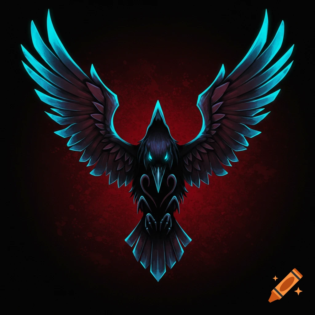 A stylized dark raven insignia with glowing blue eyes and wing tips against a red background.