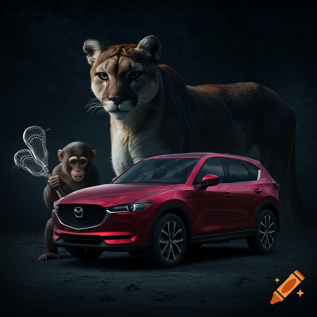 A mountain lion behind a monkey with a lacrosse stick next to a red Mazda CX-5.