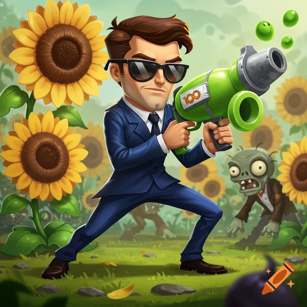 Cartoon man in suit holds a large green pea shooter weapon against zombies in a sunflower garden.