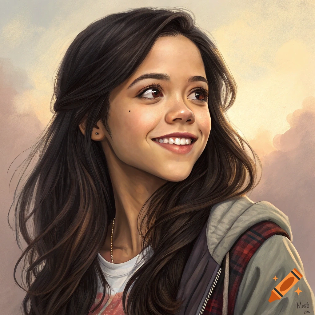 Painted portrait of a young woman with dark hair smiling against a cloudy sky.
