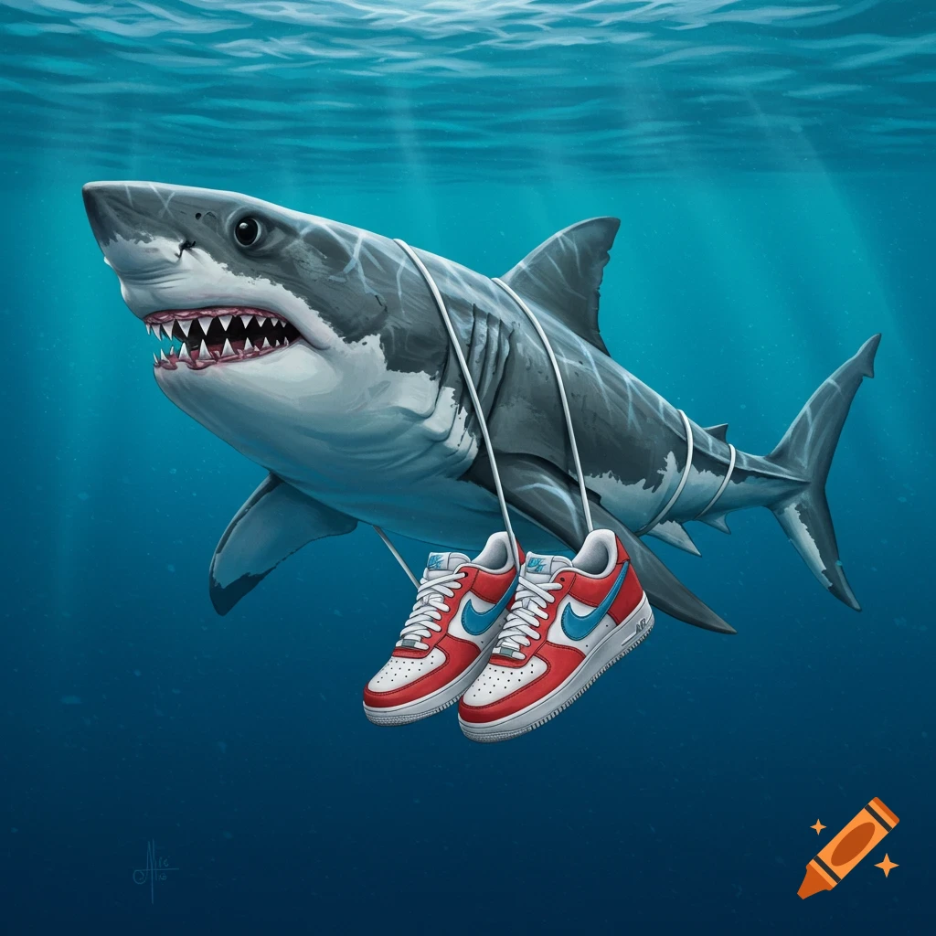 A shark swimming underwater, carrying a pair of sneakers tied to its back.