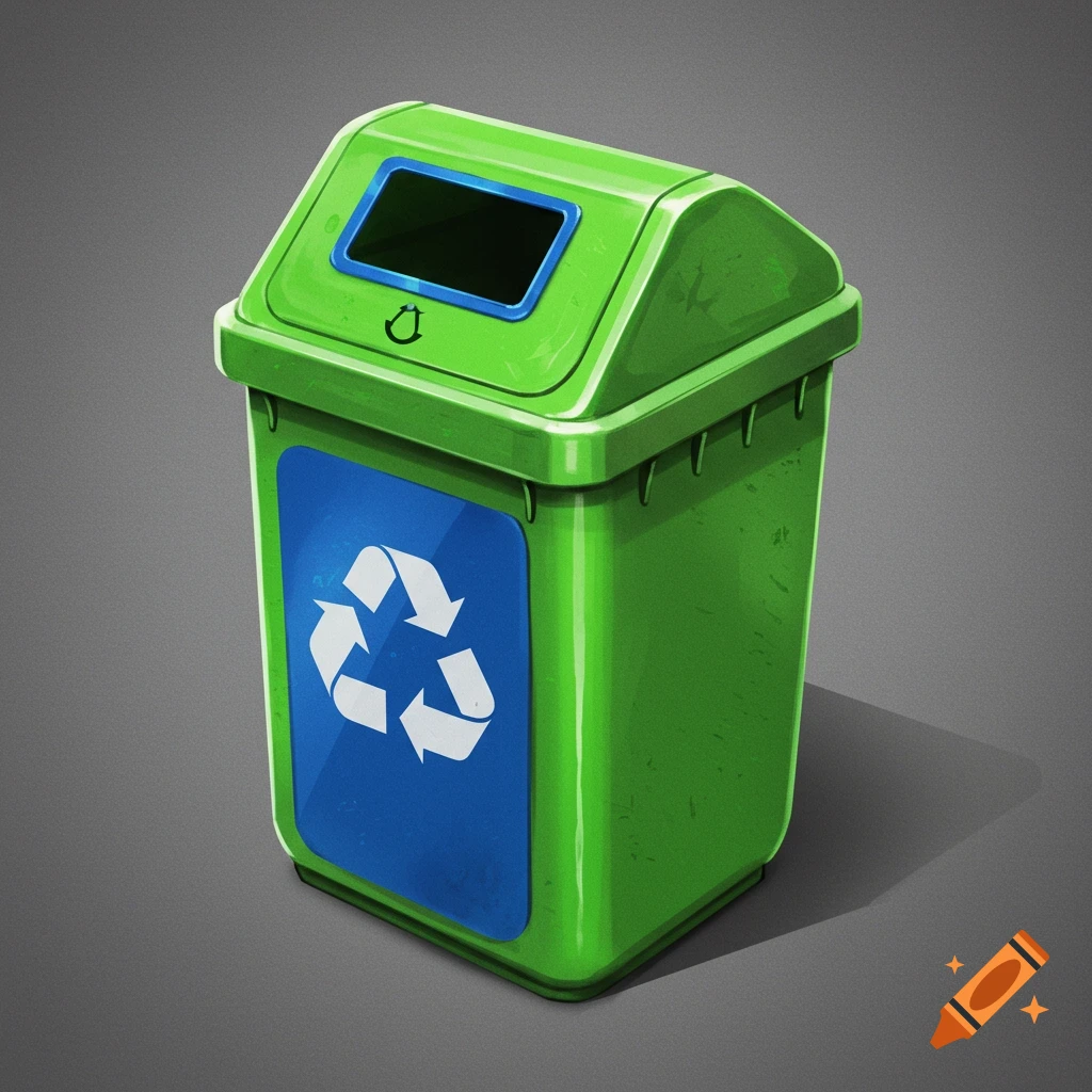 A green trash can with a blue recycling panel.