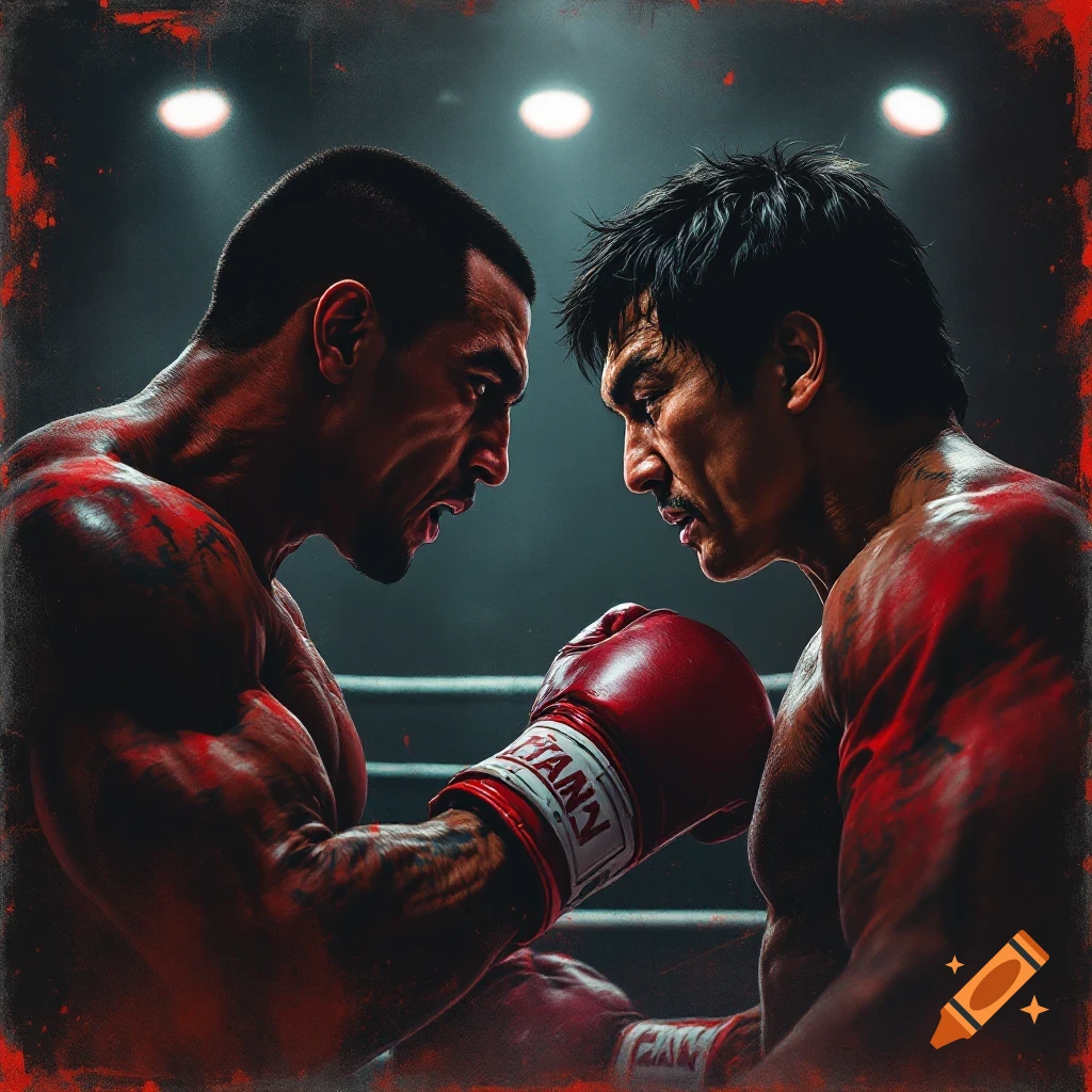 Two boxers facing off in a ring with red and black grit.
