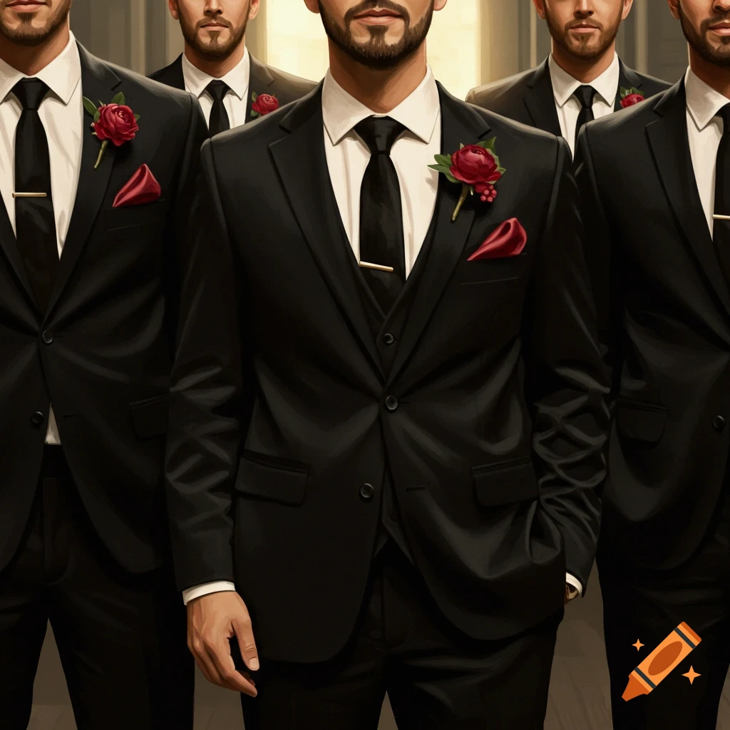Several groomsmen in black suits with red boutonnieres and pocket squares.