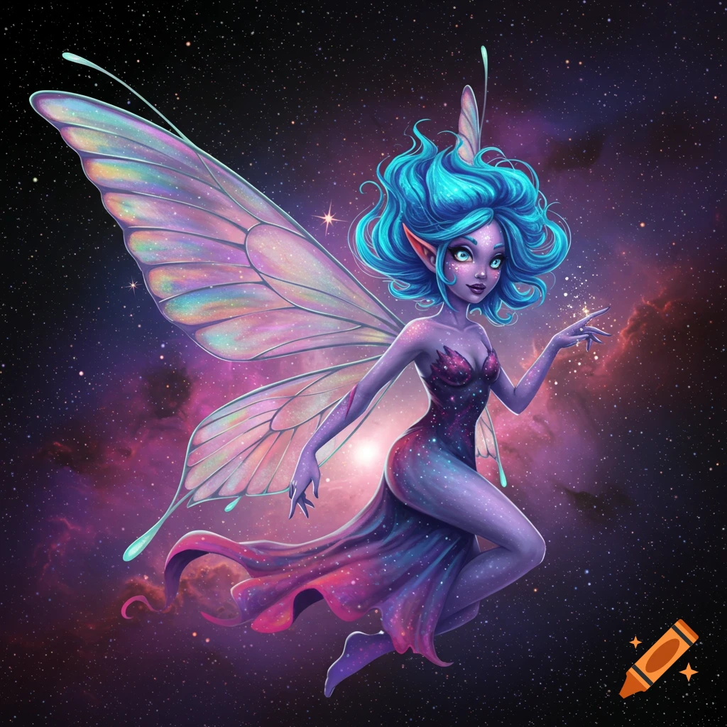 A space fairy with large, colorful wings floating in a galaxy.