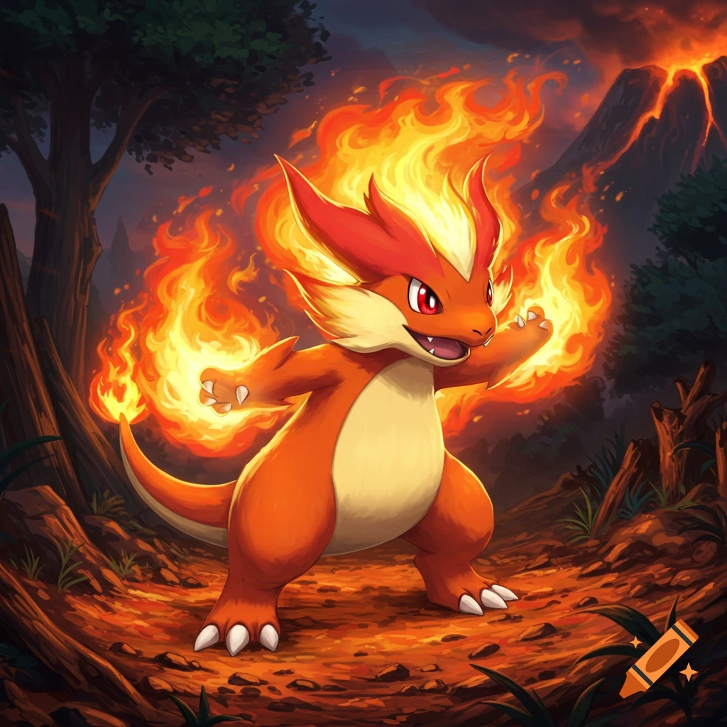 Fire creature standing on rocky ground with flames, volcano in background. Illustration.