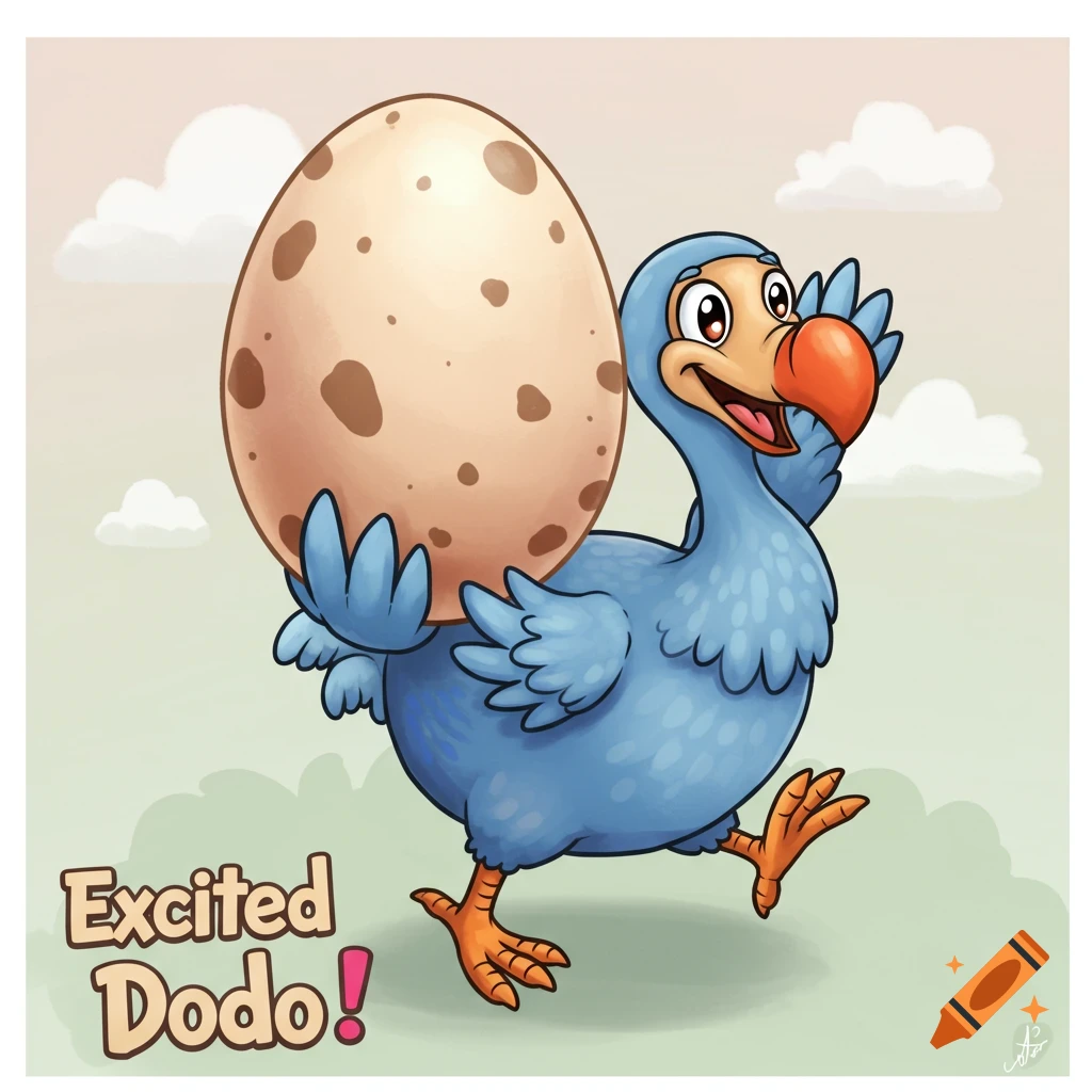A cheerful cartoon dodo bird carries a large speckled egg.