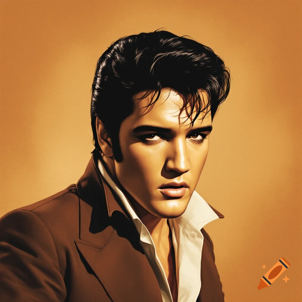 Stylized portrait of Elvis Presley in a brown jacket