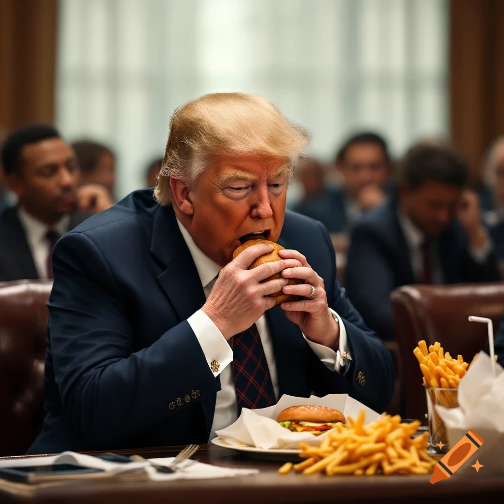 Donald Trump eats a burger and fries at a table in a room, people in the background.