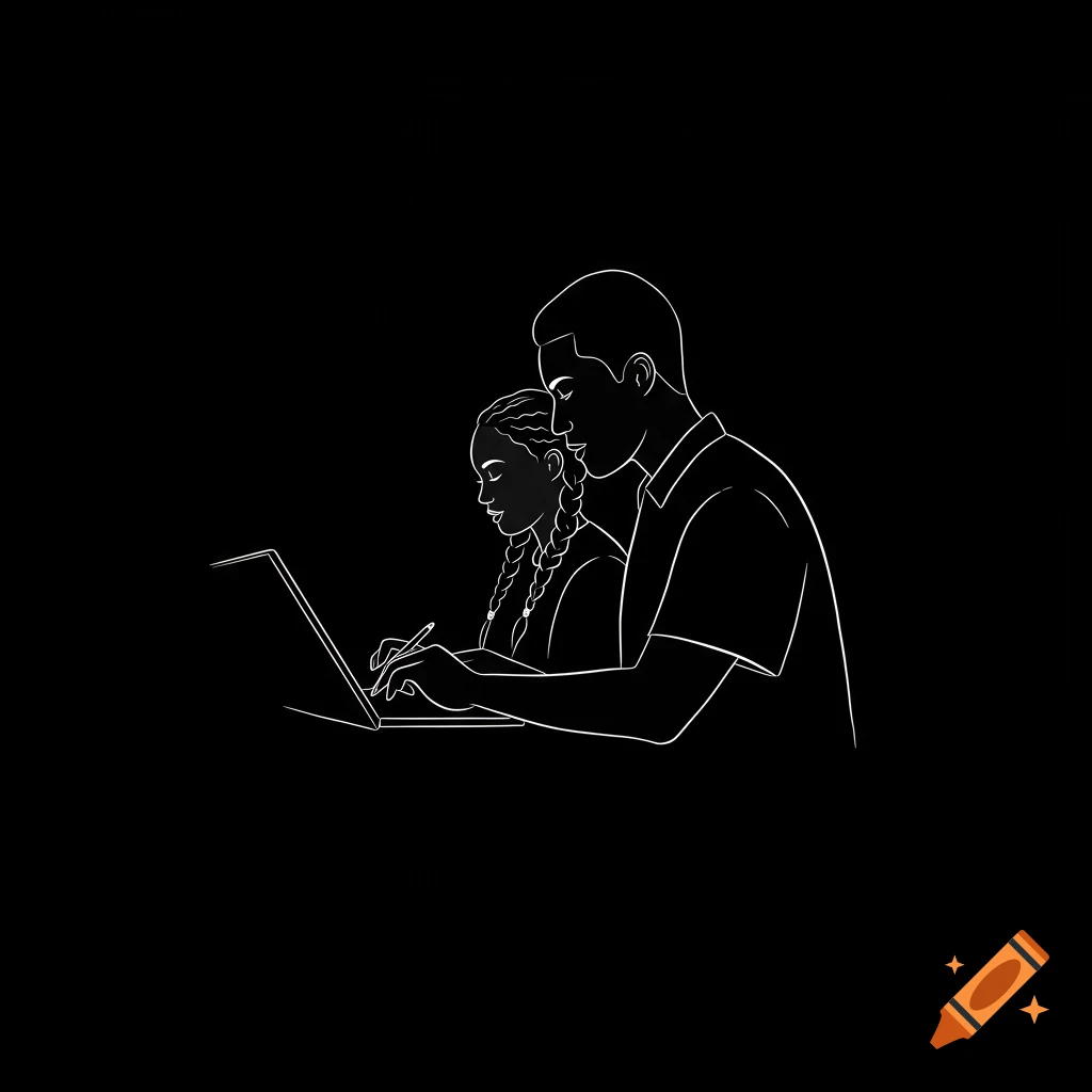 White line art of a man and woman working on a laptop.