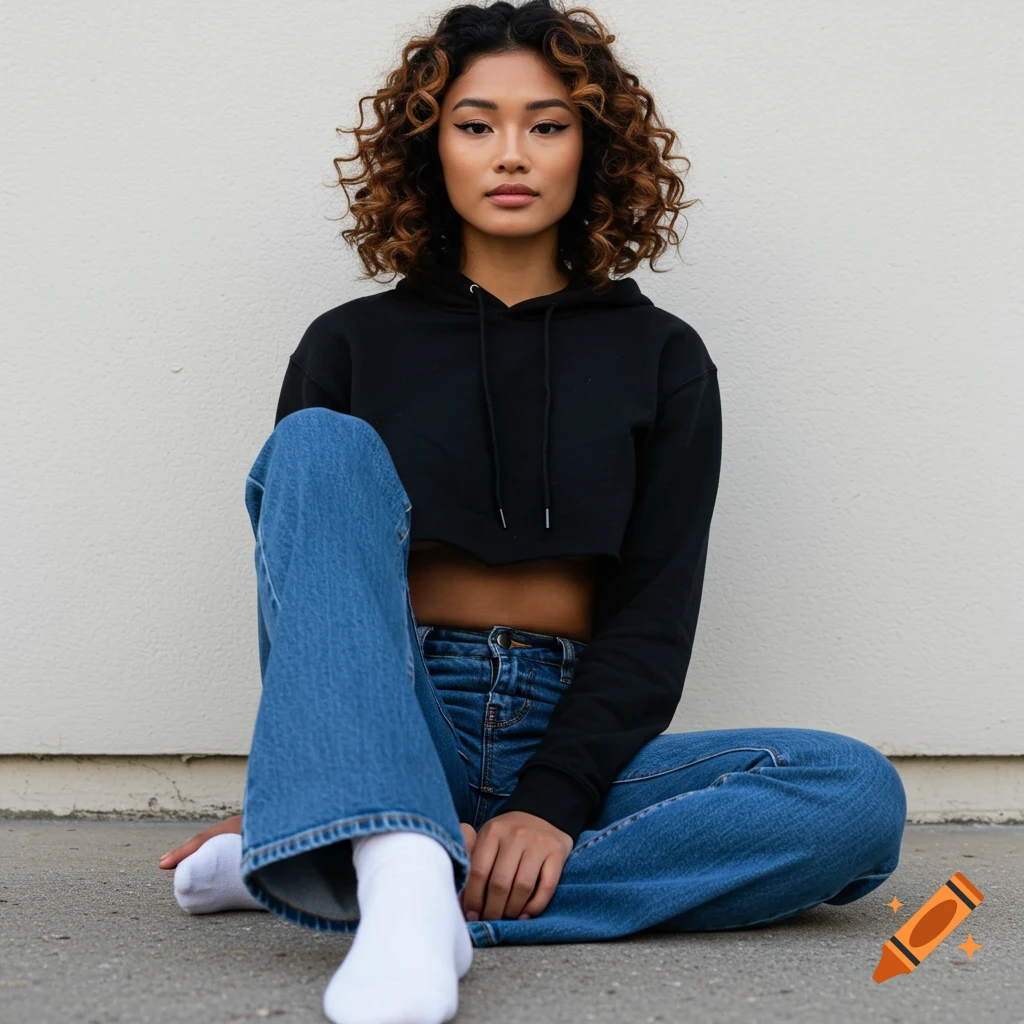 Woman with curly hair in black cropped hoodie and jeans sits on the ground.