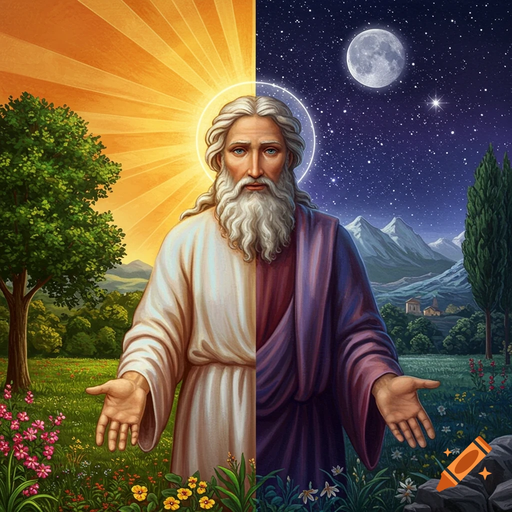 God split between day and night, surrounded by nature