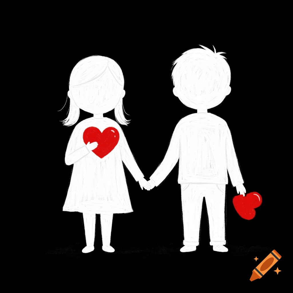 Illustration of white silhouettes of a boy and girl holding hands and red hearts on a black background.
