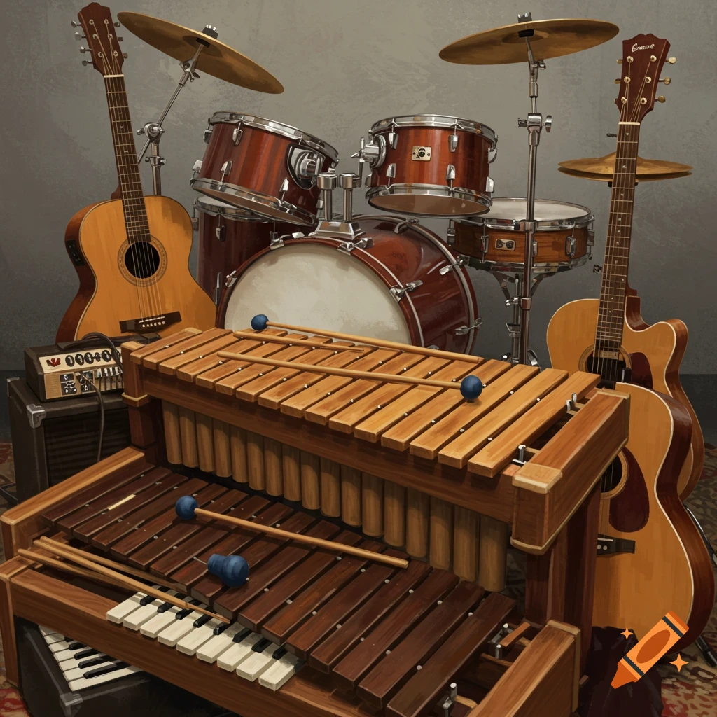 A still life of drums, guitars, a xylophone, and a keyboard.