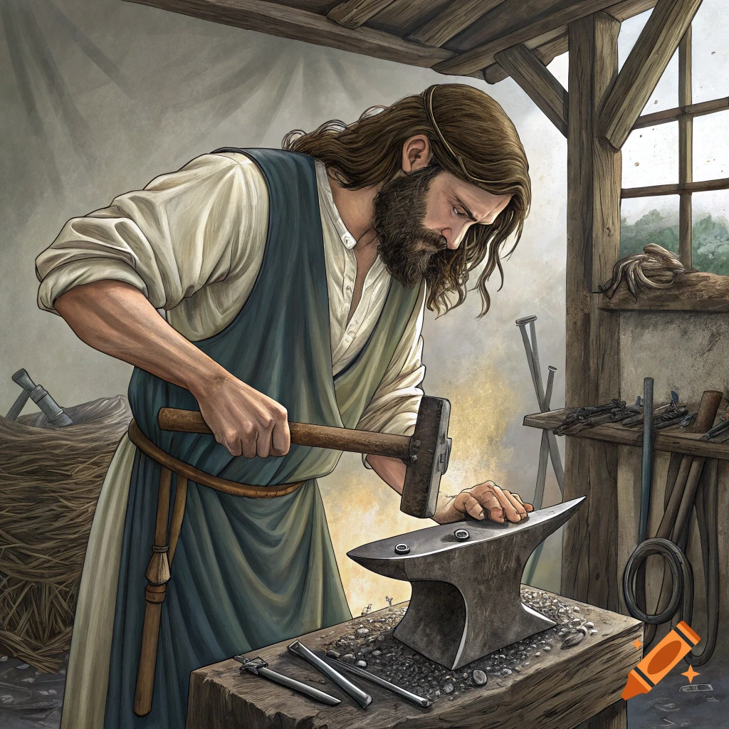 A man interpreted as Jesus hammering on an anvil in a rustic workshop.