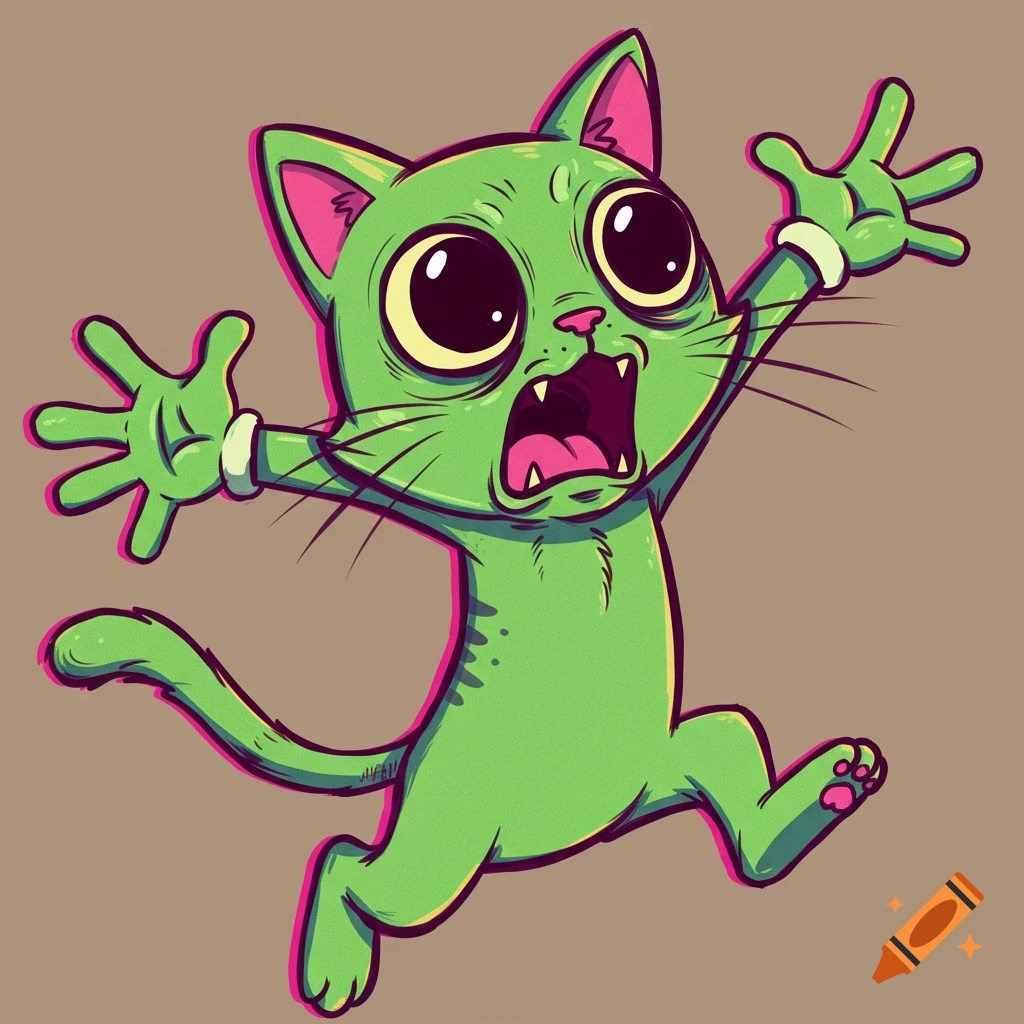 Green cartoon cat jumping with a scared expression.