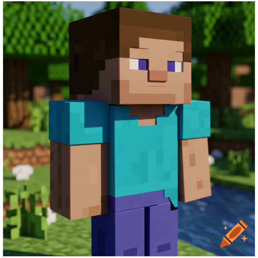 Realistic blocky rendering of Minecraft Steve standing outdoors near a river