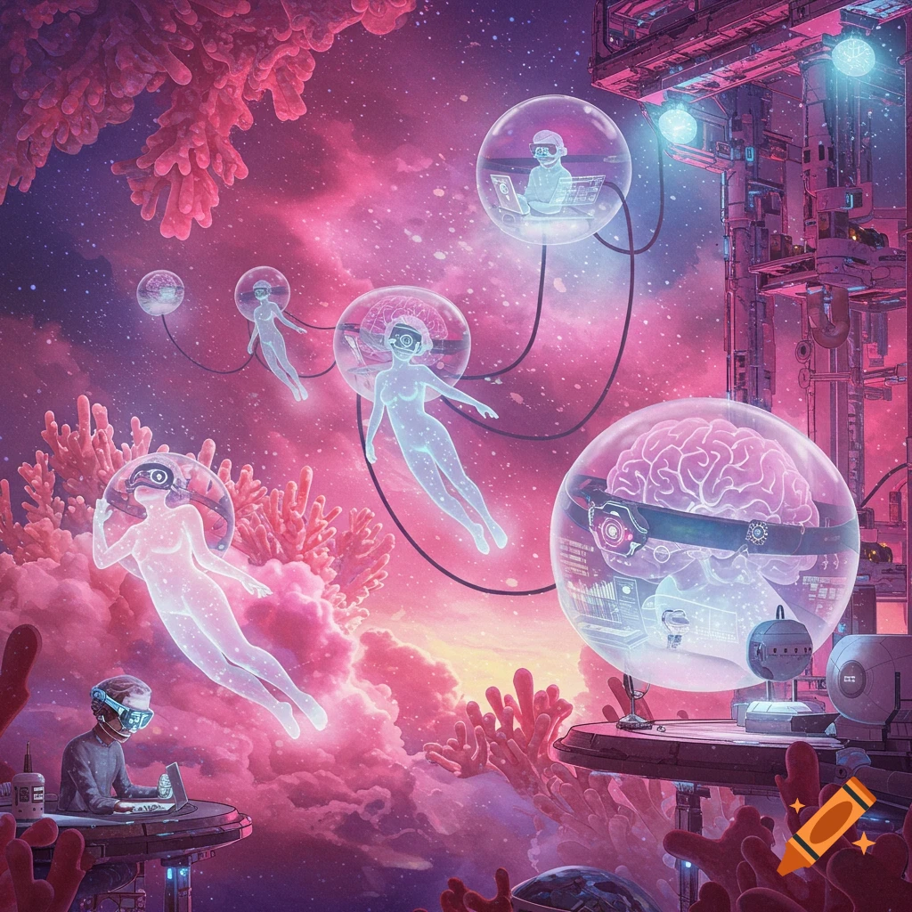 Sci-fi scene of figures floating in bubbles with brains connected to screens, in a futuristic dreamscape.