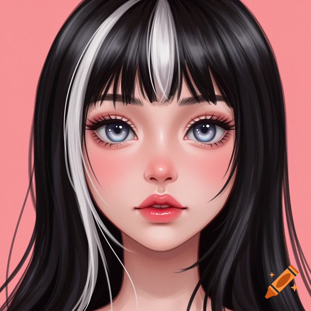 Close-up anime portrait of a girl with black hair and white bangs