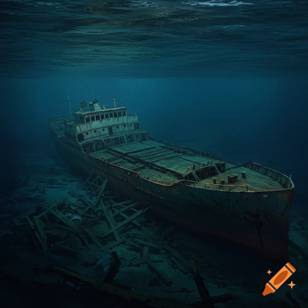 A large, rusty shipwreck resting on the seafloor.