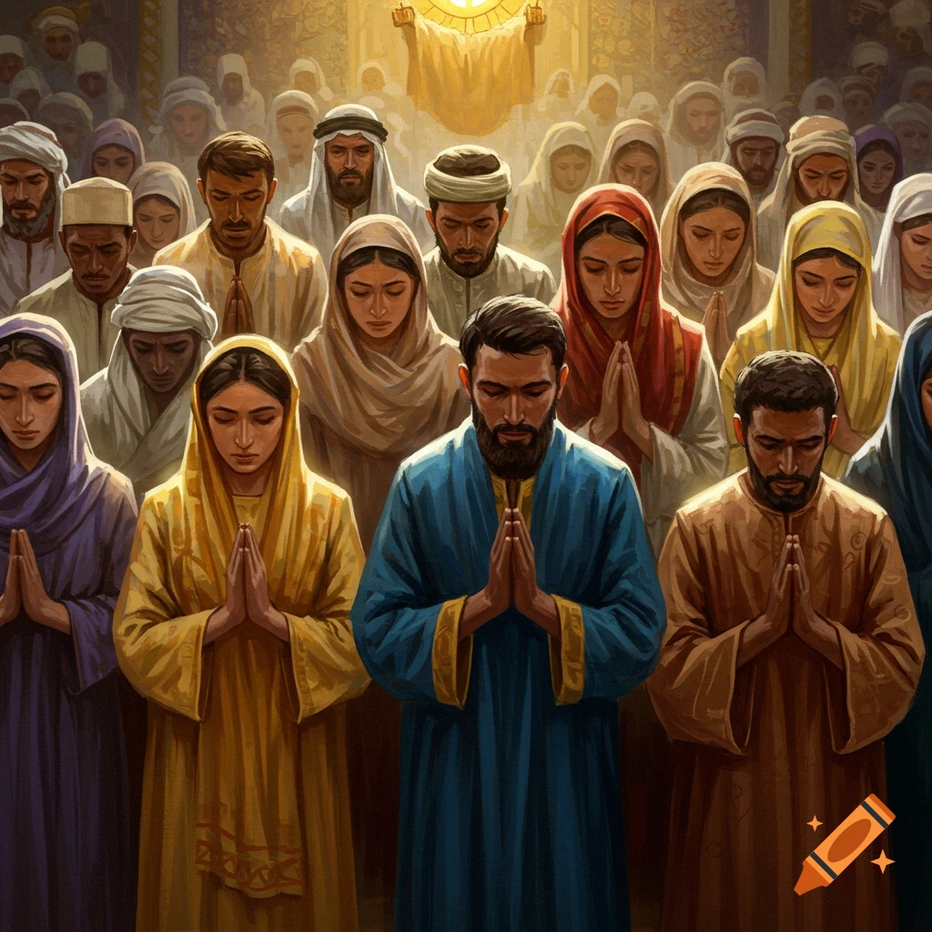 Crowd of people with heads bowed and hands clasped in prayer or meditation in a religious setting.